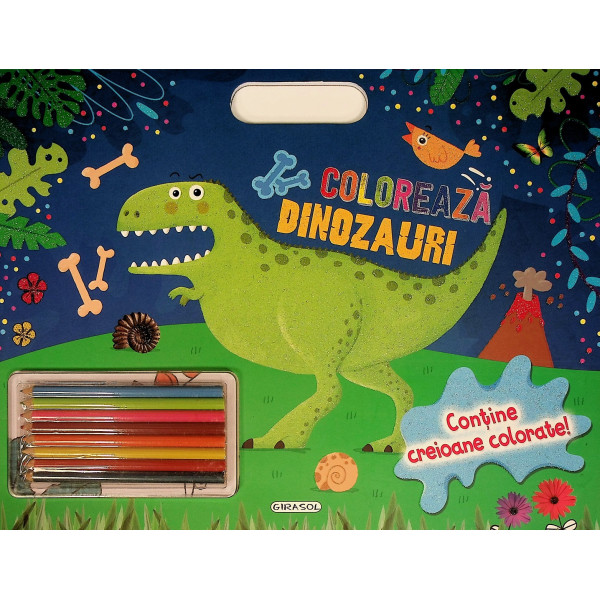 Coloreaza dinozauri. Contine creioane colorate!