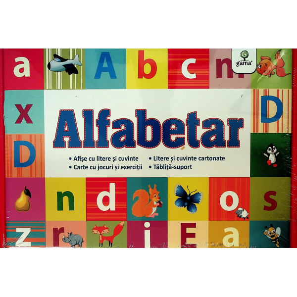 Alfabetar - Afise ci litere si cuvinte. Carte cu jocuri si exercitii - Litere si cuvinte cartonate. Tablita-suport